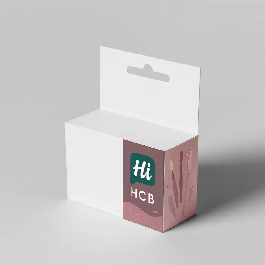 A white retail hanging box featuring a pink side panel with branding and brush illustrations- class=